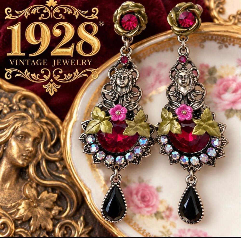 Vintage 1928 Goddess Red Glass AB Rhinestone Statement Dangle Earrings